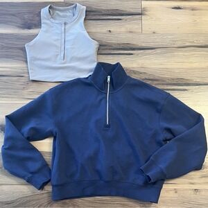 YPB Athletic Bundle S Crop Taupe Tank + M Navy 1/4 Zip Pullover Athleisure